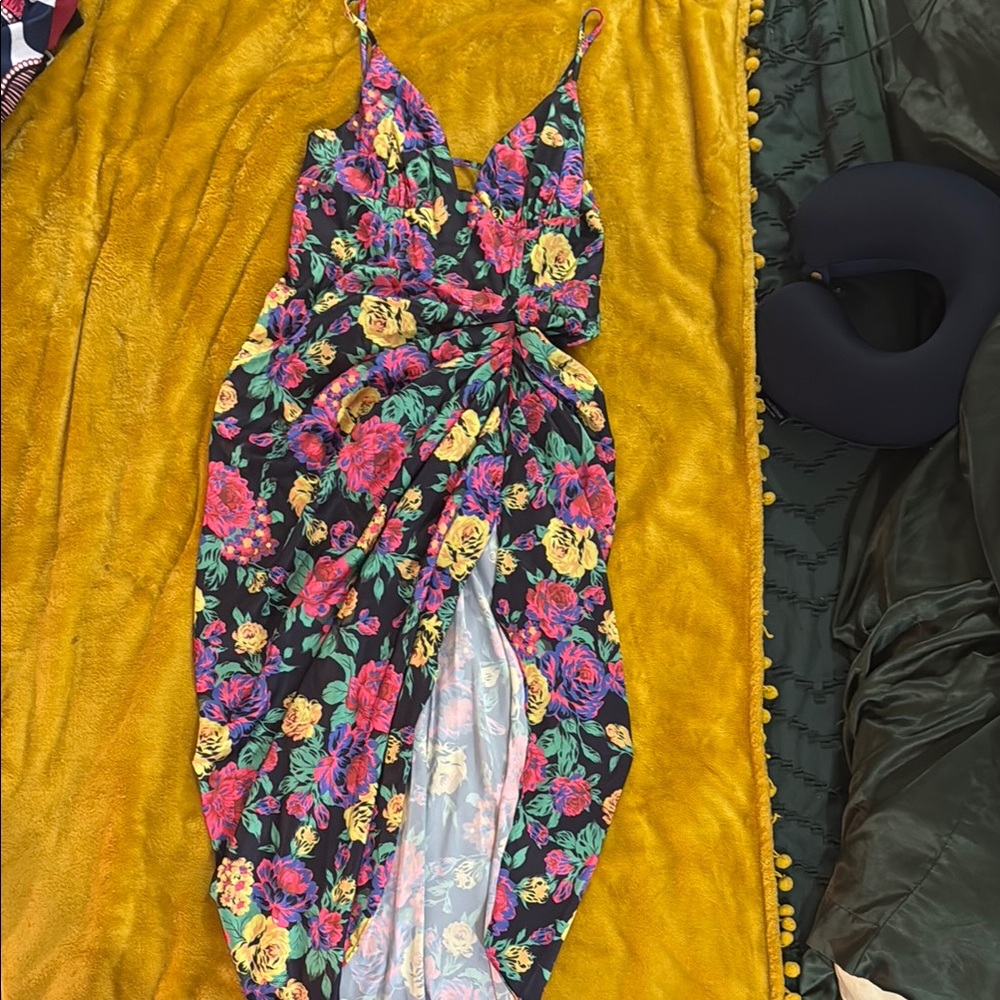 SHEIN Pink and Yellow Asymmetrical Ruched Sundress
